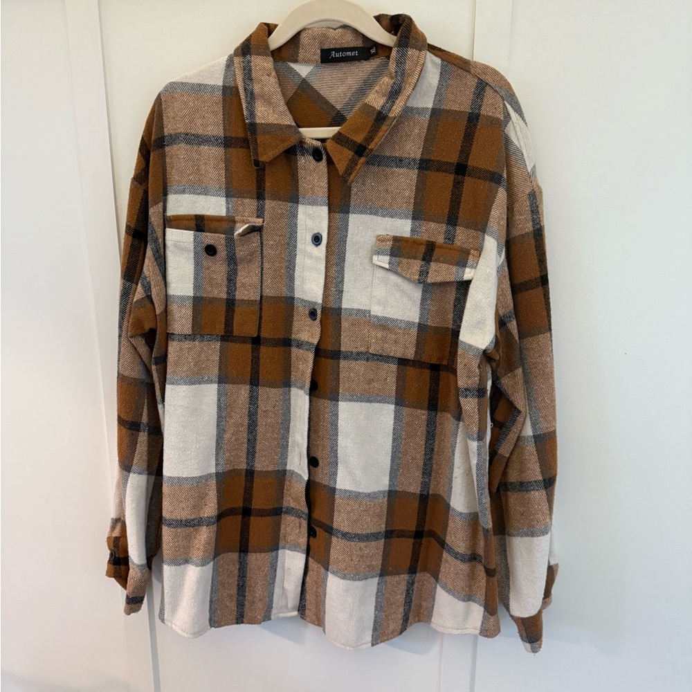 Plaid Button-Up Shacket- Brown and White